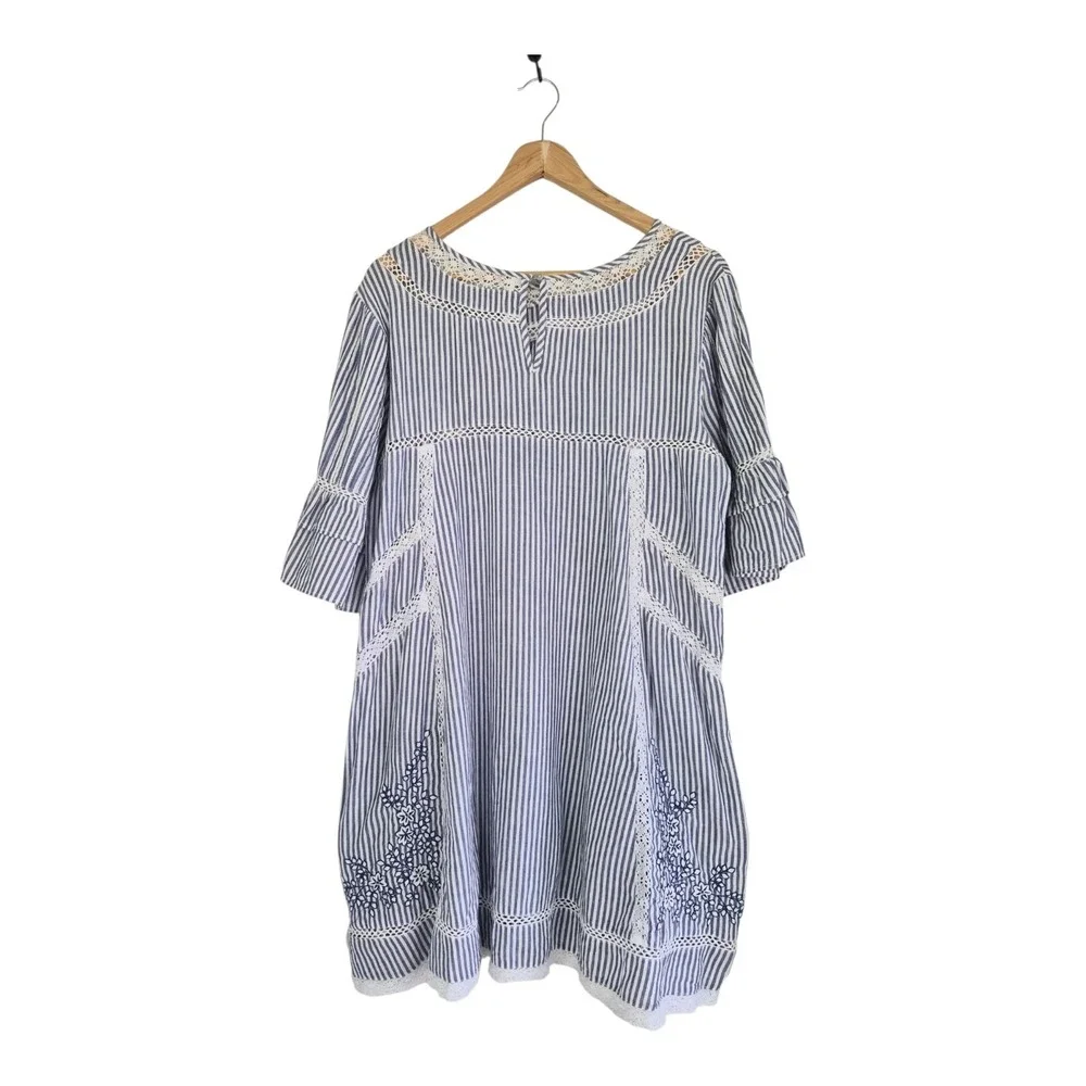 Free People Sunny Day Dress L Blue White Stripe Embroidered Cotton Boho Mini